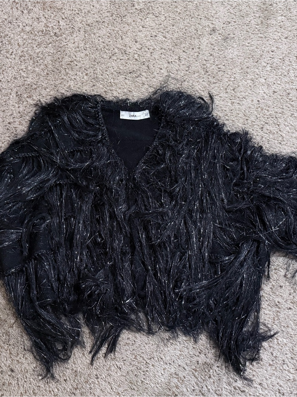 Zara Knit Sparkly Black Metallic Shaggy Fringe Statement Cardigan/ Jacket